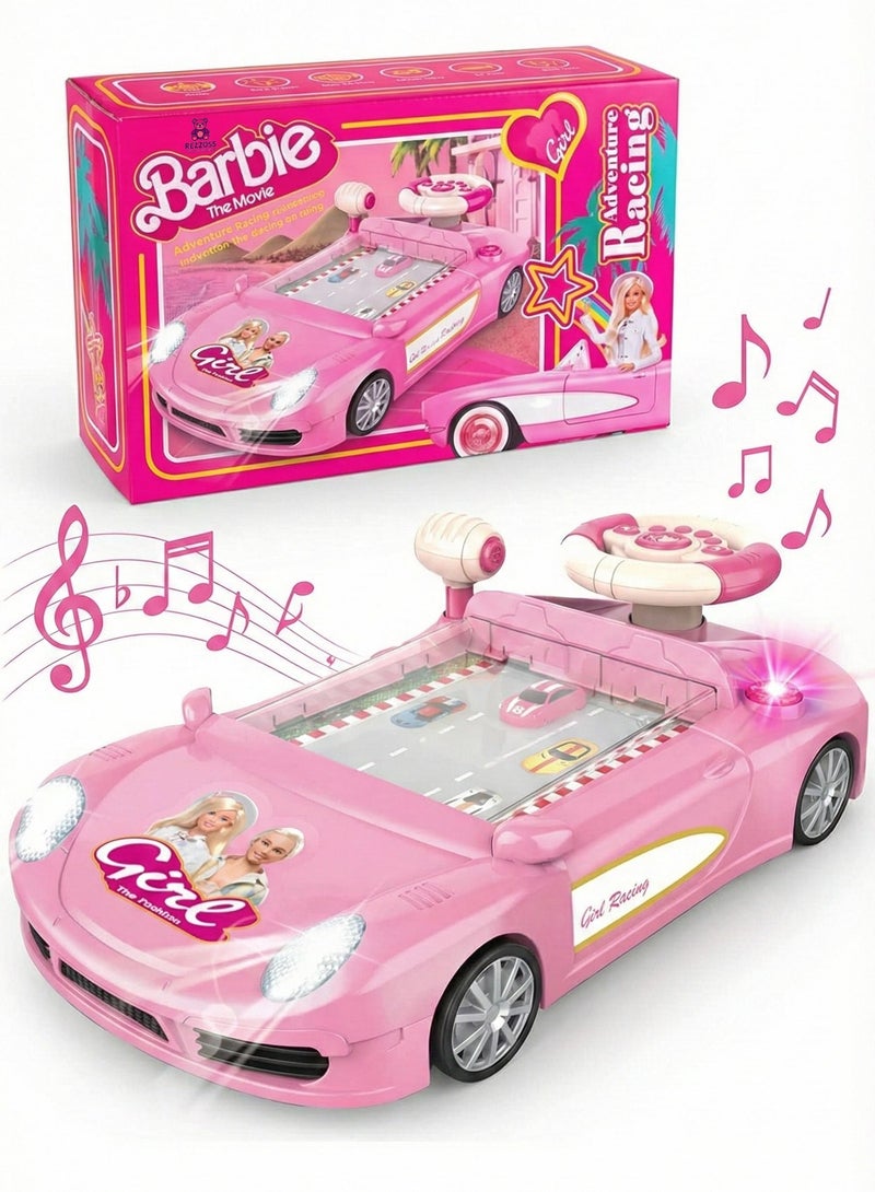 REZZOSS Racing Car Toy for Girls Barbie Adventure Theme – Pink Simulated Driving Dashboard with Steering Wheel & Scrolling Screen | Musical Sensory Activity Center with LED Headlights & Sound | Princess Electric Vehicle Playset Gift for Kids 3+ Years - Image 1